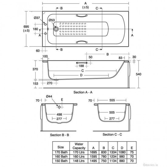 Sandringham 21 Steel Bath 1500mmX700mm Bath c/w Grips